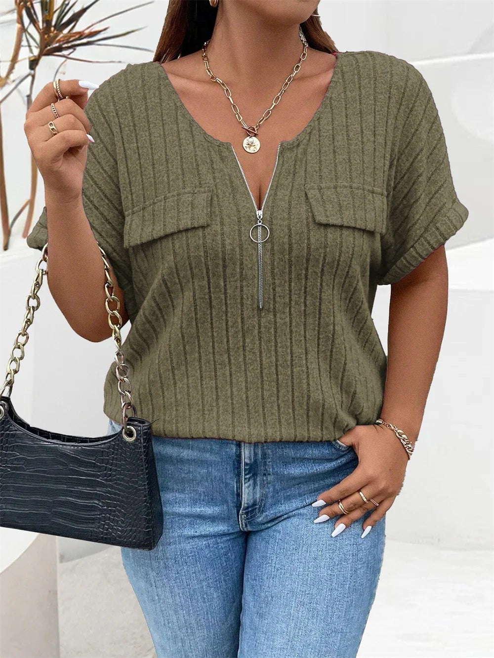 Plus Size Solid O-Ring Zip Front T Shirt