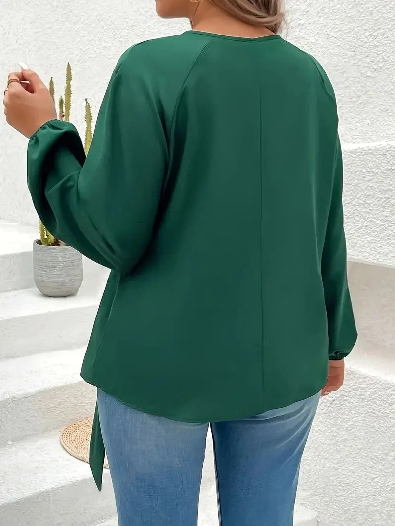 Plus Size long sleeve O-Neck Keyhole Blouse with Tie Front