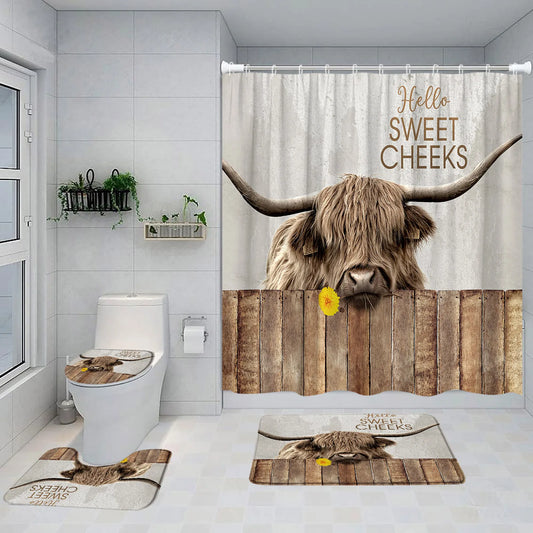 1-4pcs Bathroom Set- Funny Highland Cattle Shower Curtain - Curtain + Non-Slip Rug + Bath Mat + Toilet Lid