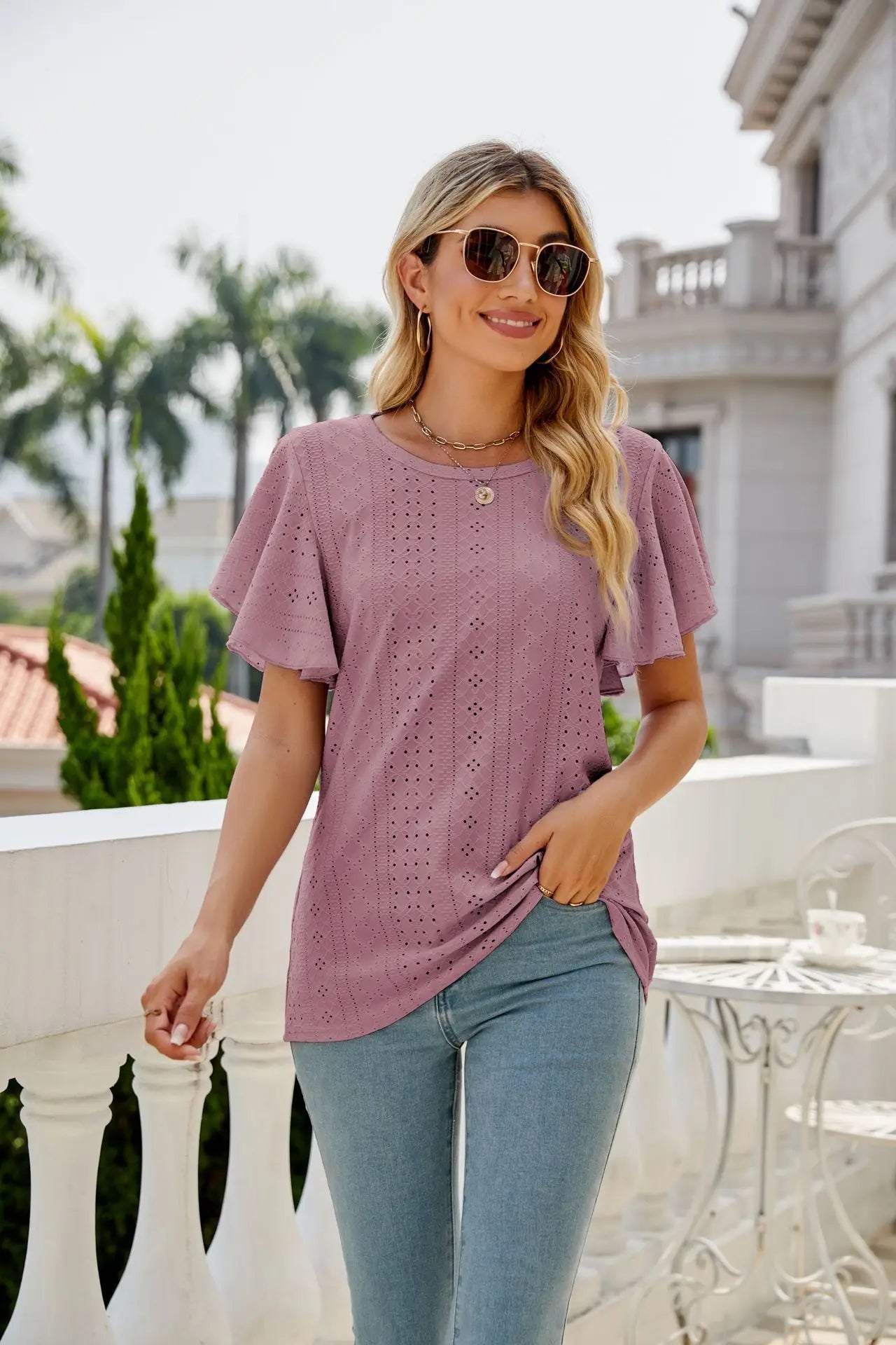 Hollow Round Neck T-Shirt with Ruffle Edge