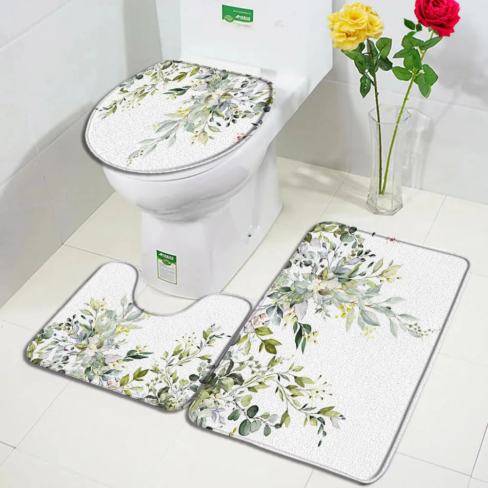 1-3pc set- Blue Floral Dandelion Flowers -Floor Rugs + Toilet Lid Cover