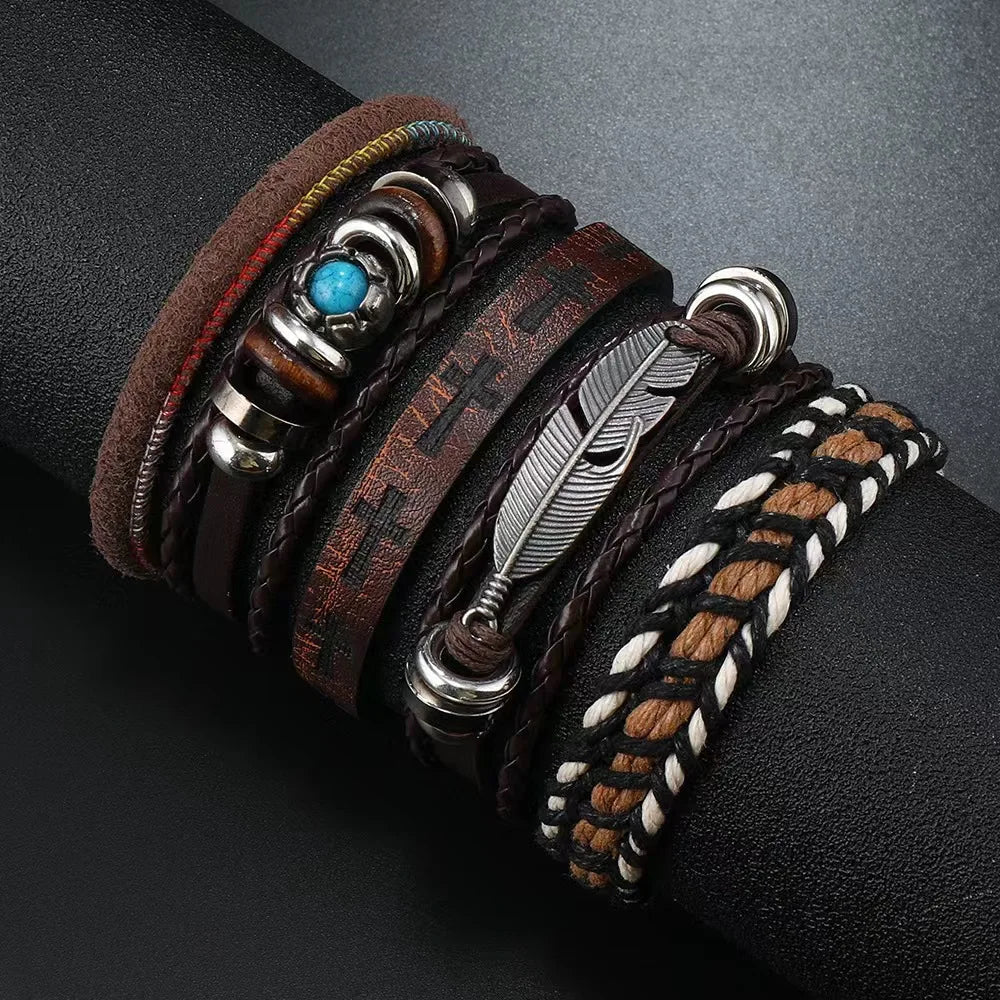 Men's 5-6pc/set Feather Evil Eye Ethnic wood bead tree Charms bracelets