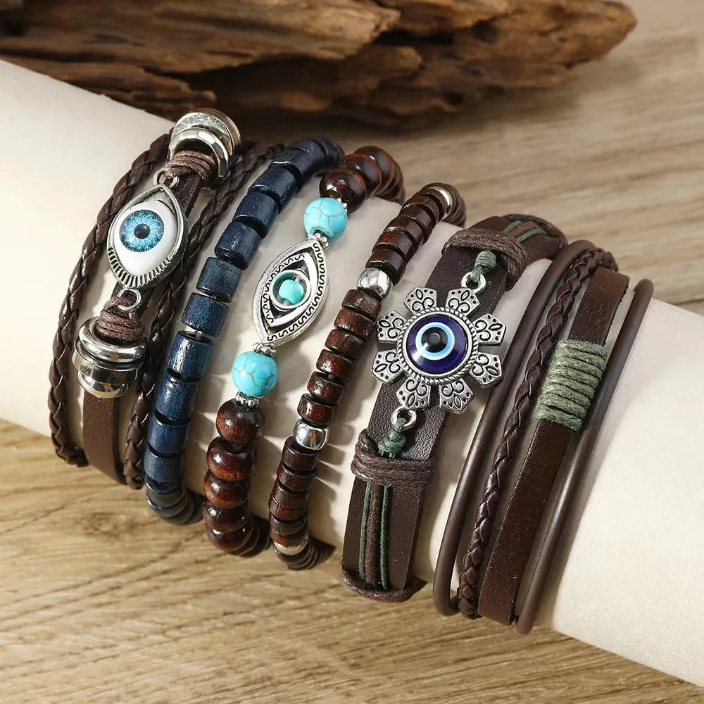 Men's 5-6pc/set Feather Evil Eye Ethnic wood bead tree Charms bracelets