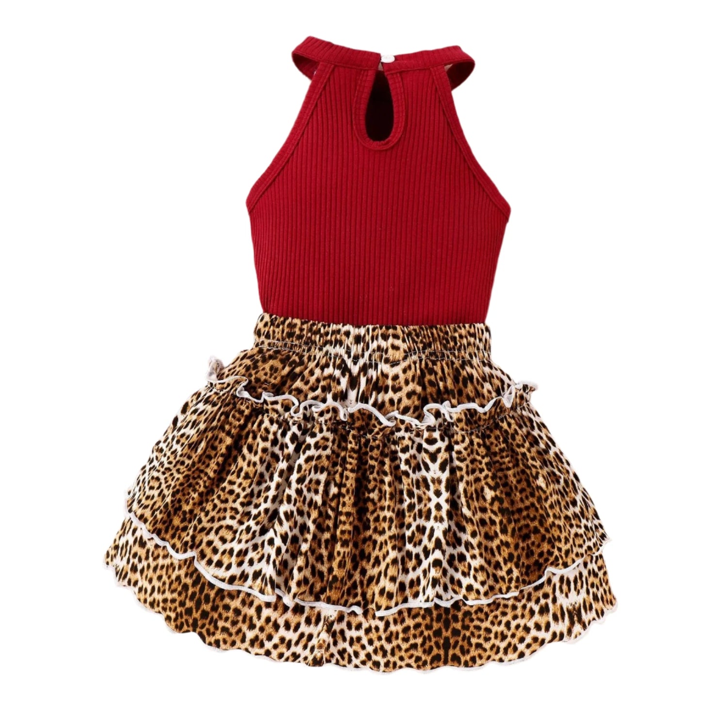 2pcs Set -Heart Graphic Kids Halter Top and Leopard Skirt