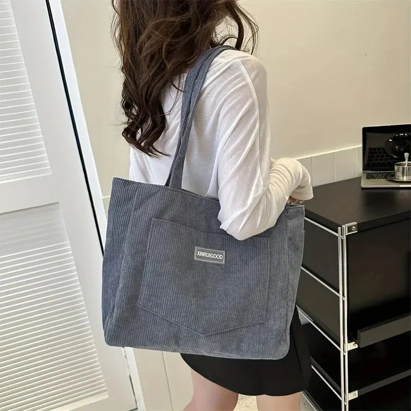 Large Capacity Tote Bag With Front Pocket -Trendy Corduroy  Pocket Solid Color