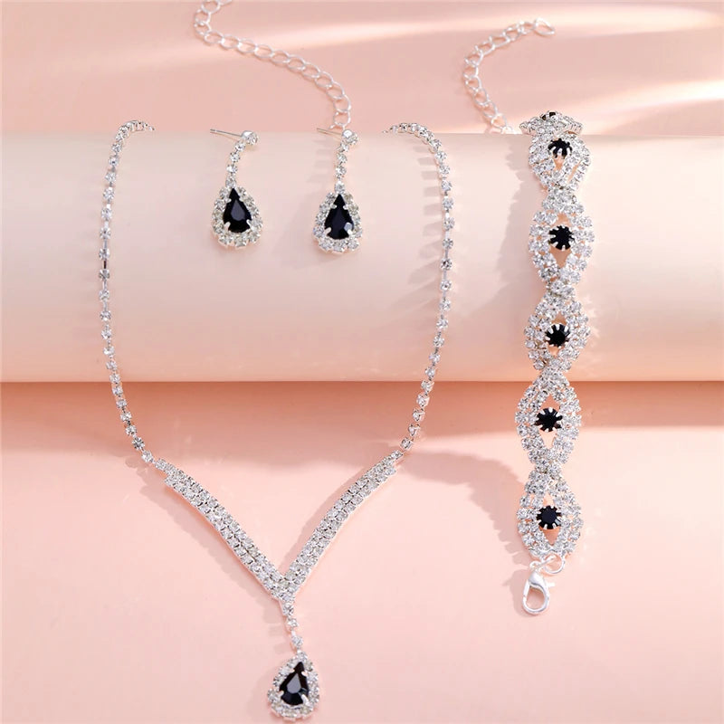 3 Pc- Rhinestone Bride Jewelry Set- Black Water Drop Crystal Earrings + V Necklace + Bracelet