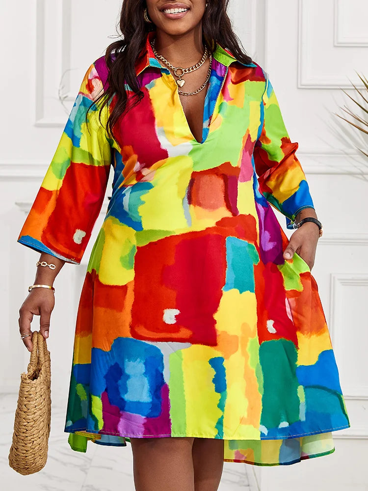 Plus Size Flowy Shirt Dress- All over melting colors print