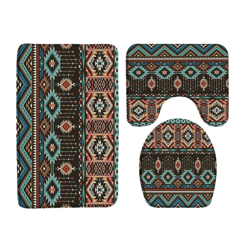 3pc non slip Bathroom Bath Mat Set Creative Geometric boho Design Floor rugs + Toilet Cover