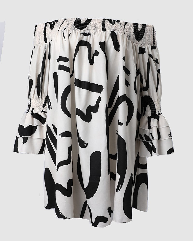 Plus Size Off Shoulder Dress- Abstract Print