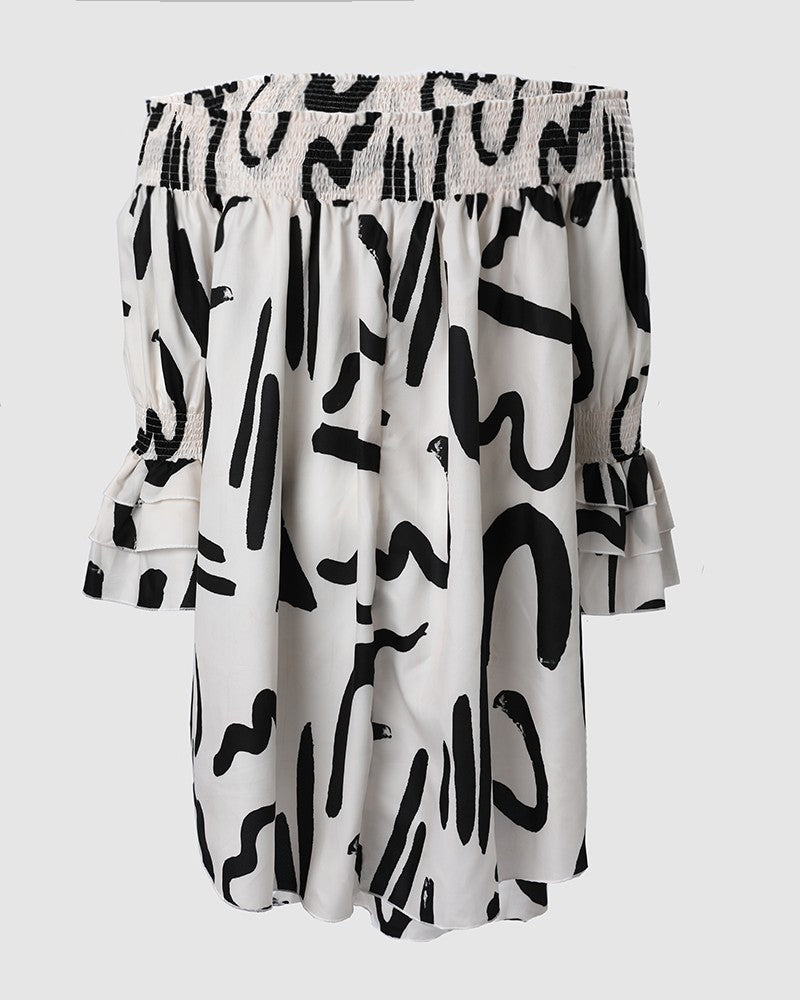 Plus Size Off Shoulder Dress- Abstract Print